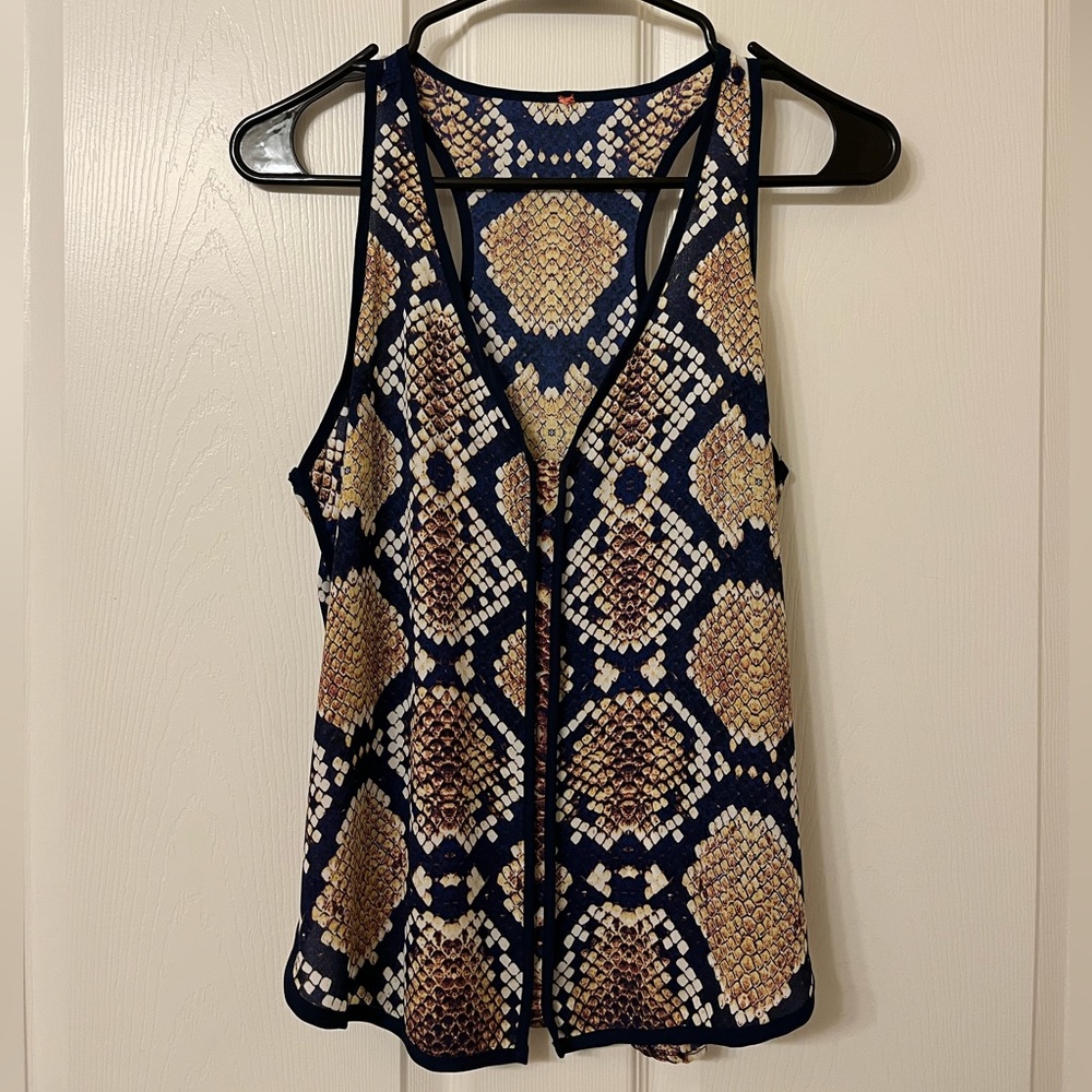 Francesca’s Snake Print Sleeveless Blouse Navy Neutral Pleated Office Attire